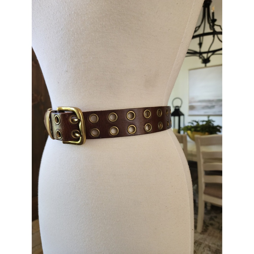 Brown Leather Grommet Belt with Brass Buckle - Women Accessories - Picture 2 of 10